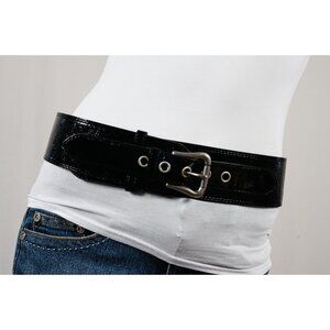 Vintage Wide Black Patent Leather Belt with Pointed Ends Retro